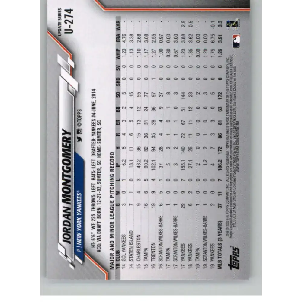 2020 Topps Update #U-274 Jordan Montgomery NM-MT New York Yankees Baseball Card - Baseball Card Single