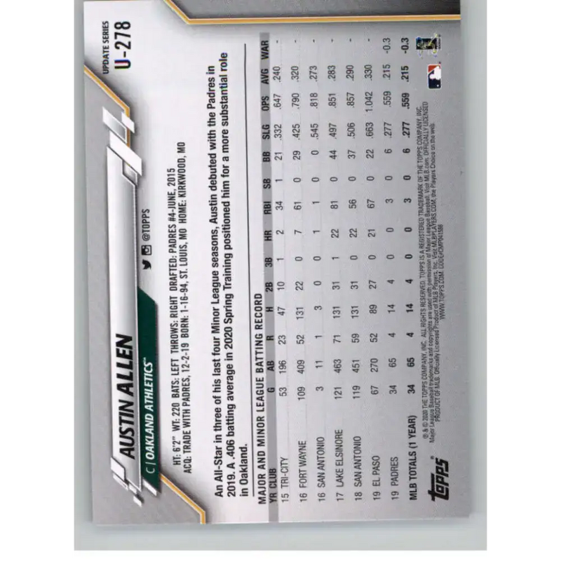 2020 Topps Update #U-278 Austin Allen NM-MT Oakland Athletics Baseball Card - Baseball Card Single