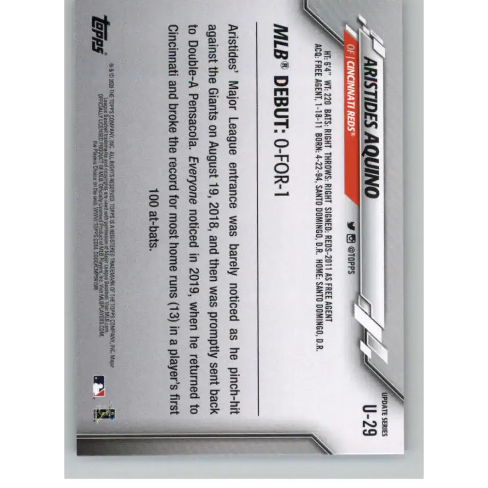 2020 Topps Update #U-29 Aristides Aquino NM-MT Cincinnati Reds Baseball Card - Baseball Card