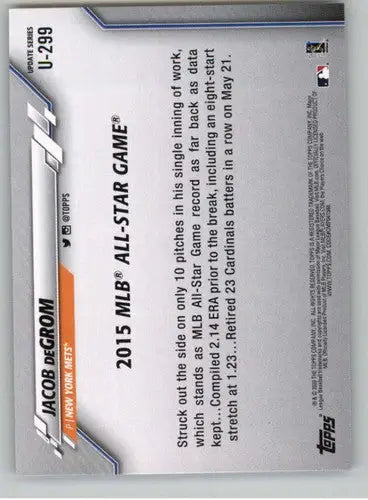 Baseball card back featuring original gloss from 2020 Topps Update Jacob deGrom Mets card
