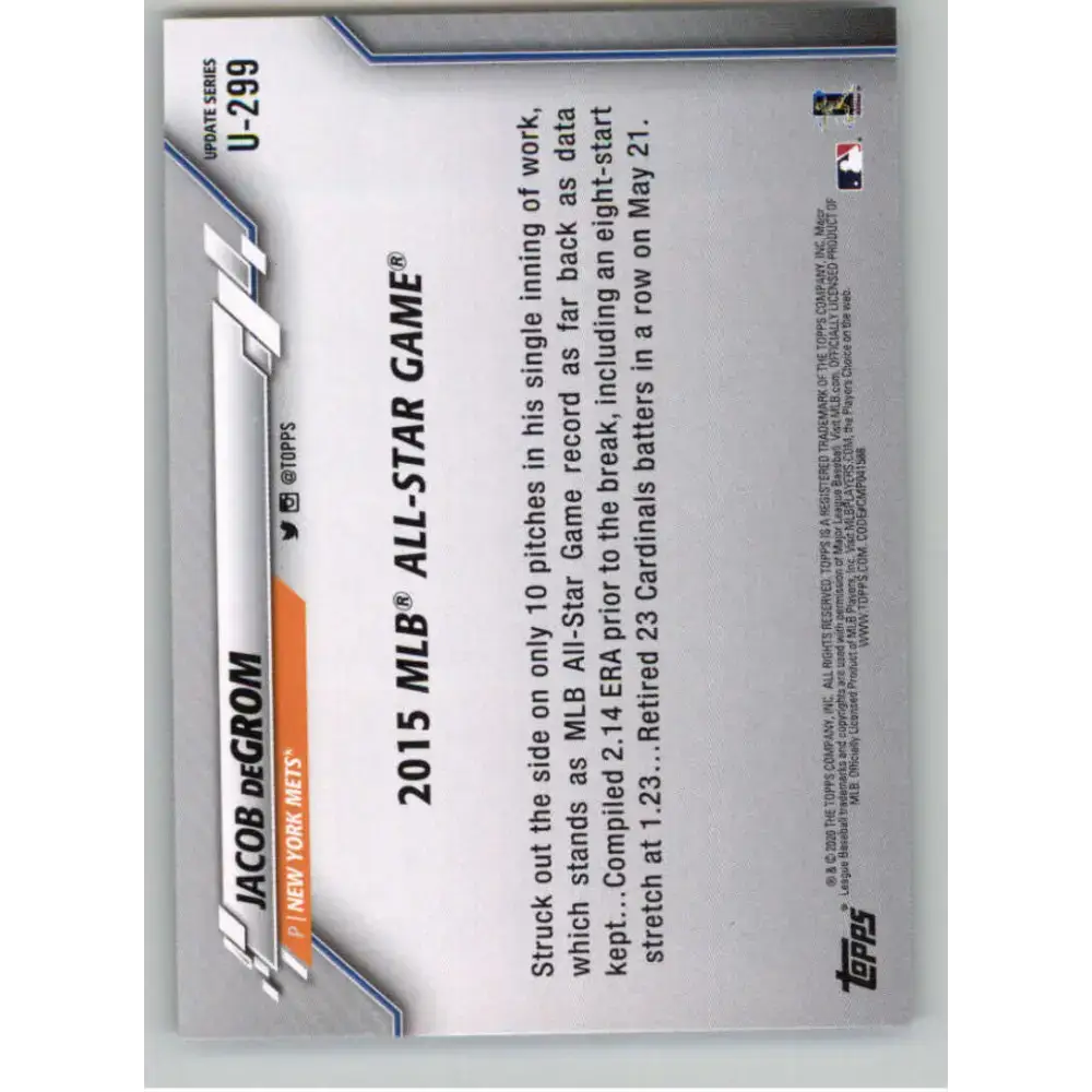 2020 Topps Update #U-299 Jacob deGrom NM-MT New York Mets Baseball Card