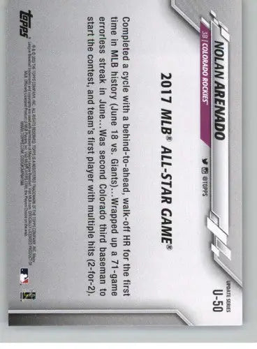 Original gloss 2020 Topps Update Nolan Arenado baseball card featuring Nolan Arenado and Rockies