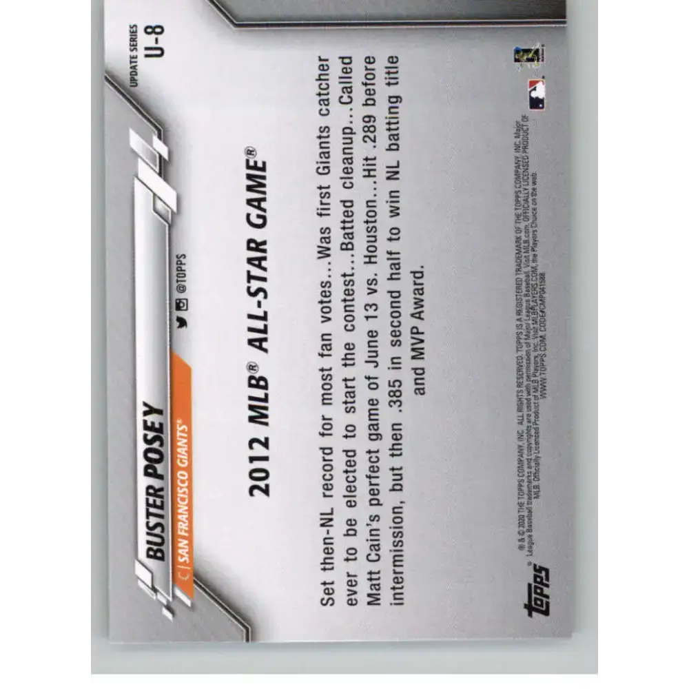 2020 Topps Update #U-8 Buster Posey NM-MT San Francisco Giants Baseball Card - Baseball Card Single