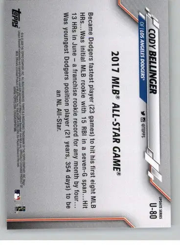 Back of 2020 Topps Update Cody Bellinger baseball card with original gloss and 2017 All-Star design