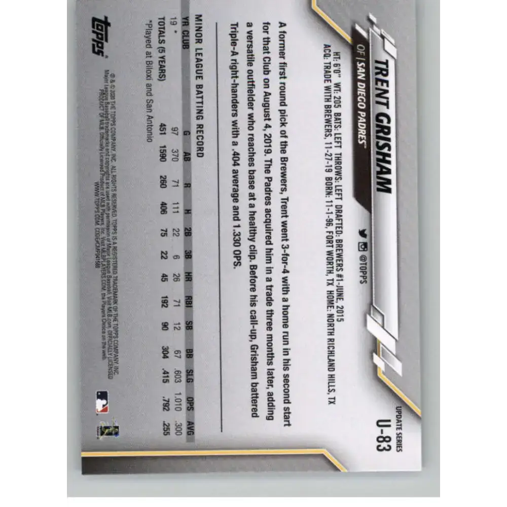 2020 Topps Update #U-83 Trent Grisham NM-MT RC Rookie San Diego Padres Baseball Card - Trading Cards