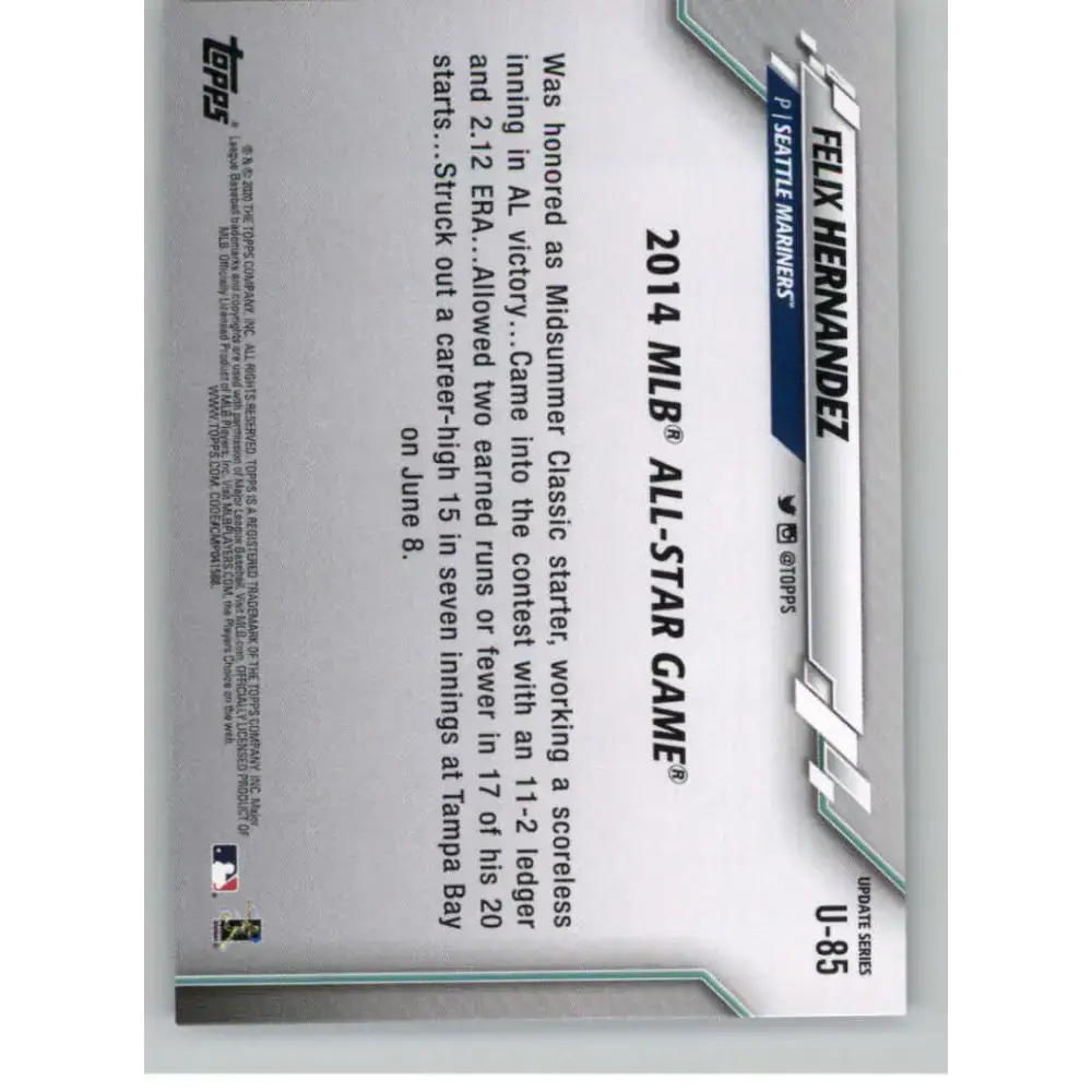 2020 Topps Update #U-85 Felix Hernandez NM-MT Seattle Mariners Baseball Card - Trading Card