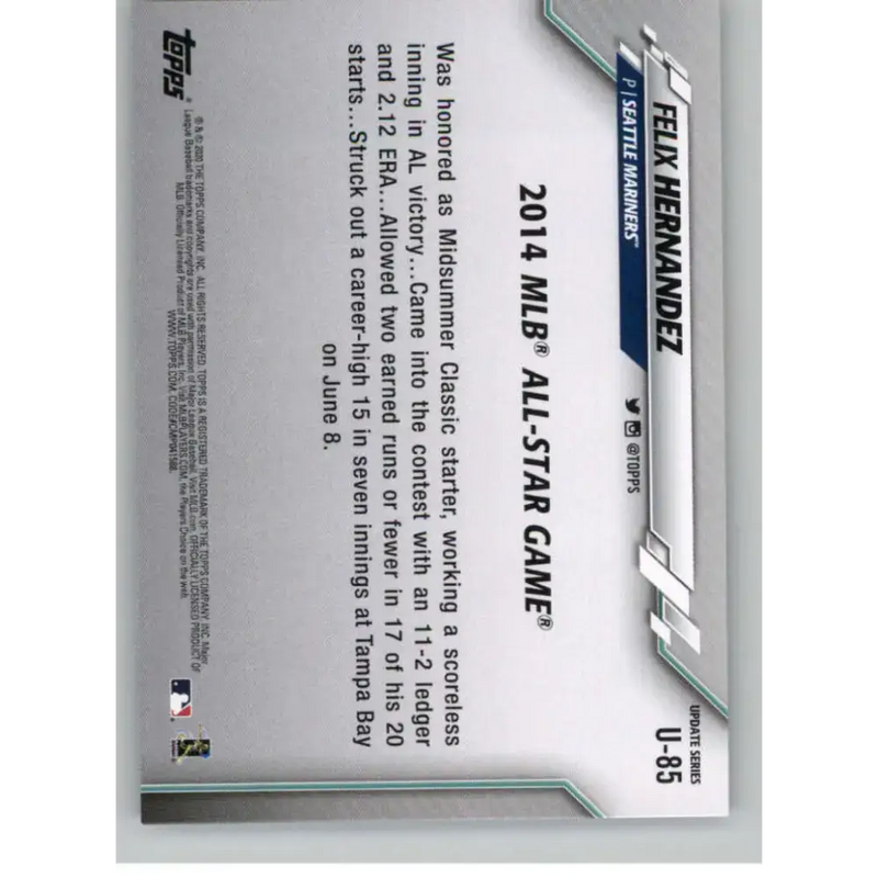 2020 Topps Update #U-85 Felix Hernandez NM-MT Seattle Mariners Baseball Card - Baseball Card Single