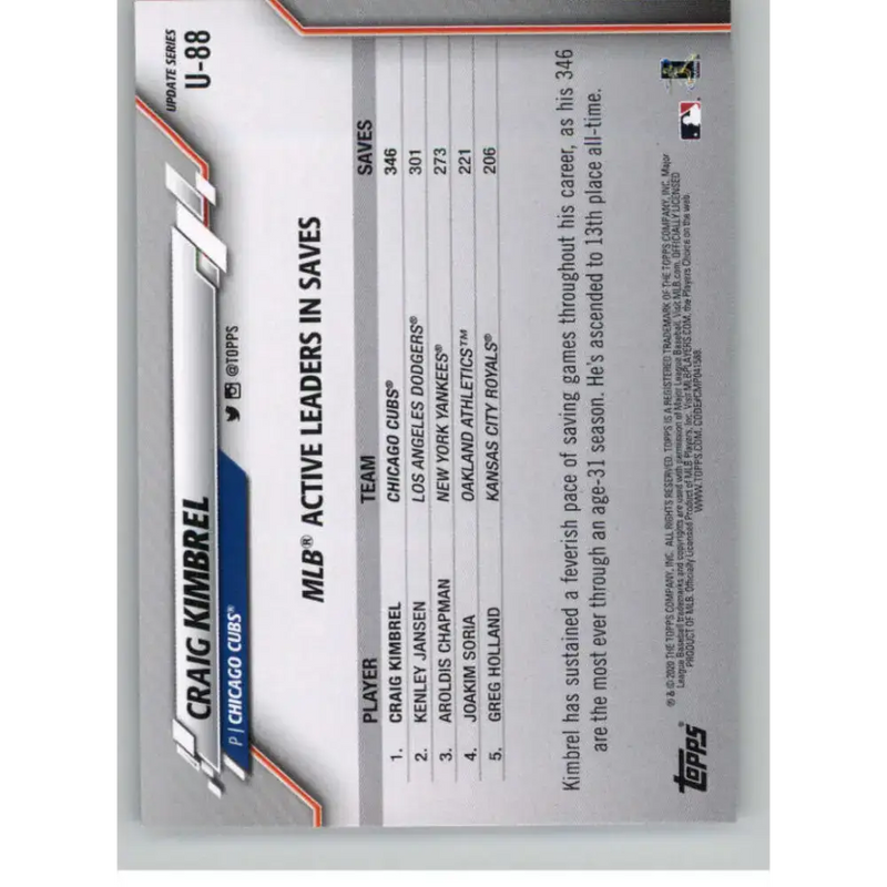 2020 Topps Update #U-88 Craig Kimbrel NM-MT Chicago Cubs Baseball Card - Baseball Card Single