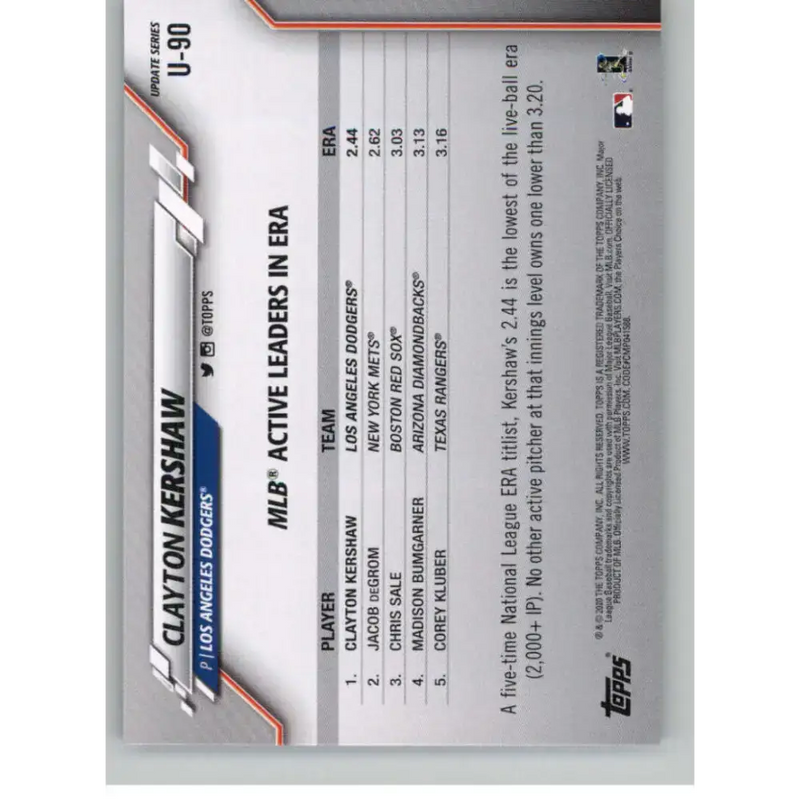 2020 Topps Update #U-90 Clayton Kershaw NM-MT Los Angeles Dodgers Baseball Card - Baseball Card Single