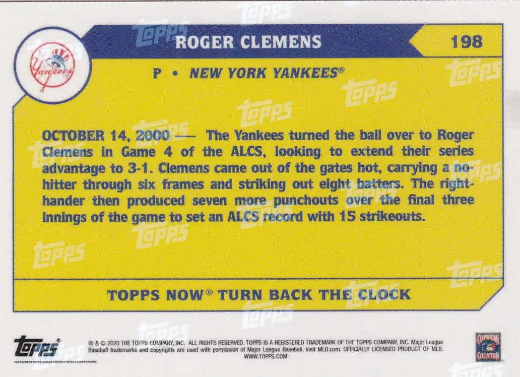 Baseball trading card featuring Roger Clemens and the New York Yankees from 2020 TURN BACK THE CLOCK