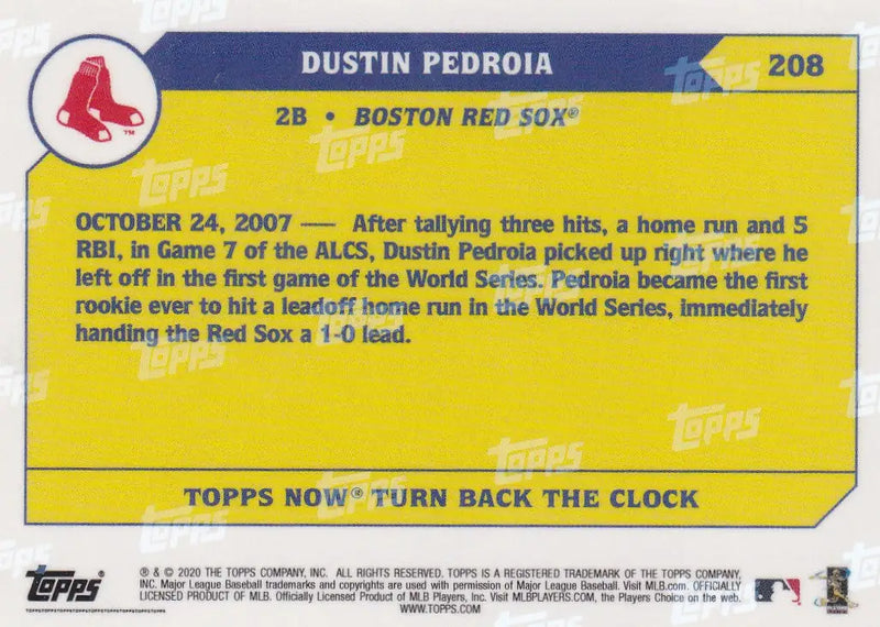 Topps baseball trading card of Dustin Pedroia from Boston Red Sox 2020 TURN BACK THE CLOCK