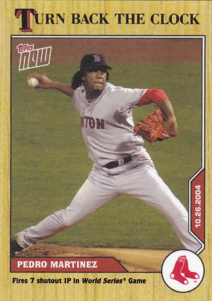 Baseball trading card of Pedro Martinez pitching for Boston Red Sox in 2020 TURN BACK THE CLOCK