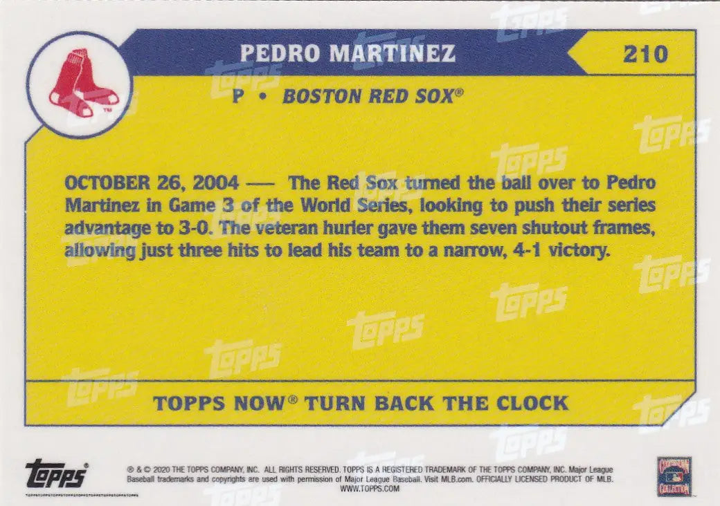Back of a 2020 Topps Pedro Martinez baseball card featuring Boston Red Sox memorabilia