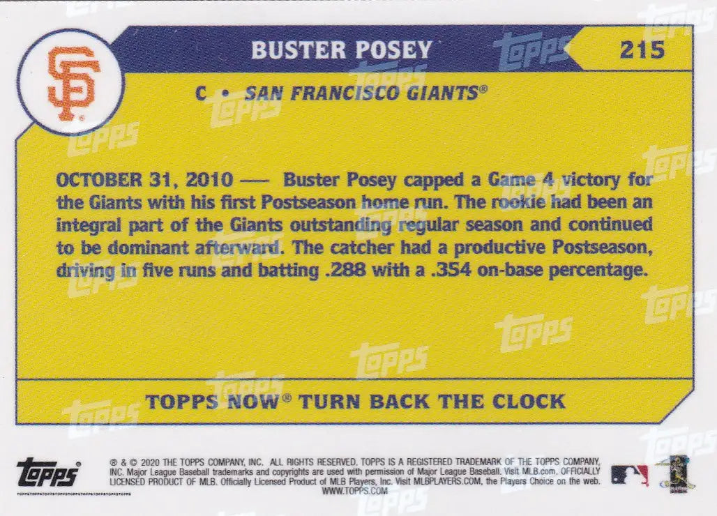 Baseball card featuring Buster Posey of the San Francisco Giants from 2020 TURN BACK THE CLOCK series