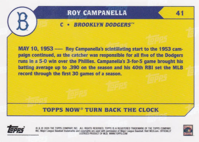 Baseball trading card featuring Roy Campanella Brooklyn Dodgers with blue and yellow design