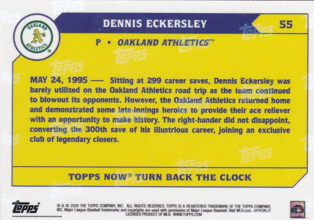 Baseball card of Dennis Eckersley Oakland Athletics with yellow background and purple banner