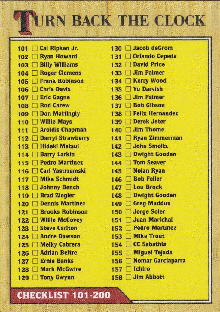 Baseball trading cards clock check list from 2020 Turn Back the Clock Check List 101-200