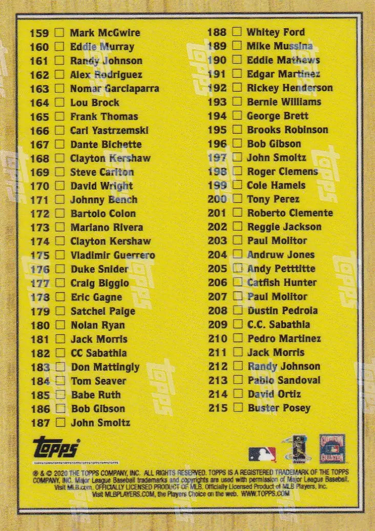 Baseball players on the 2020 Turn Back the Clock Check List showing a clock check list