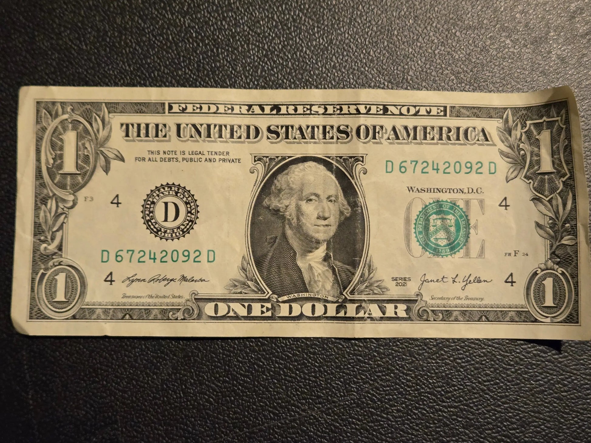 2021 $1 Federal Reserve Note Cleveland D - Yellen Malerba Signature - Circulated - Coins & Currency