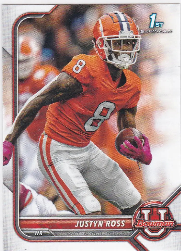 Football player in orange jersey with number 8 representing Justyn Ross for Bowman University trading cards