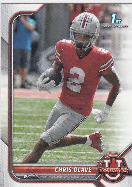Football trading card of Chris Olave in red jersey for Ohio State Buckeyes
