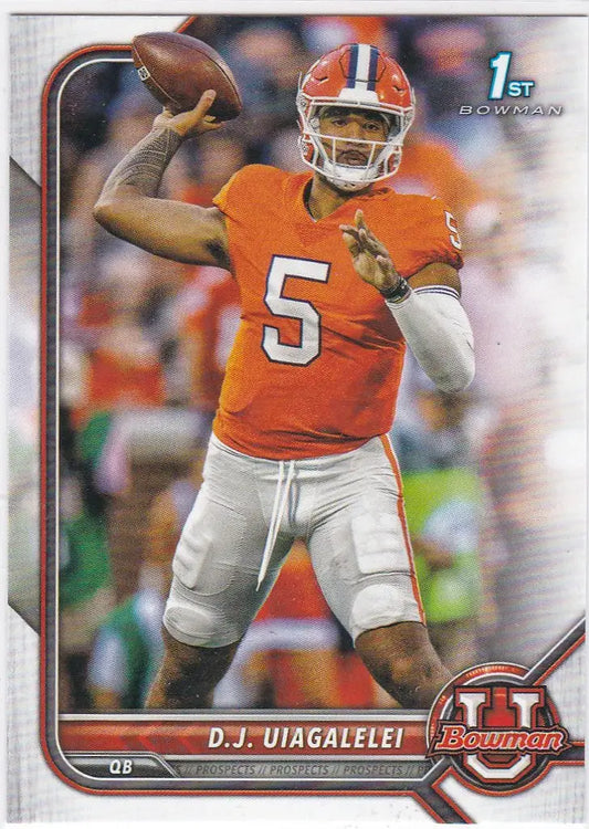 Football player in an orange jersey throwing a pass for Bowman University Uiagalelei Clemson