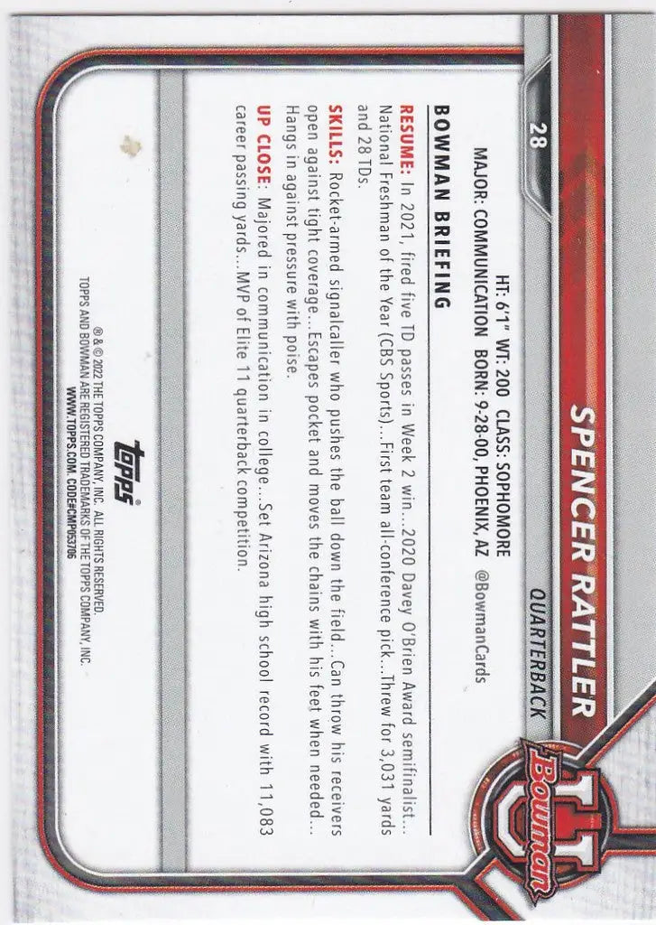 Baseball card for Spencer Rattler South Carolina from Bowman University