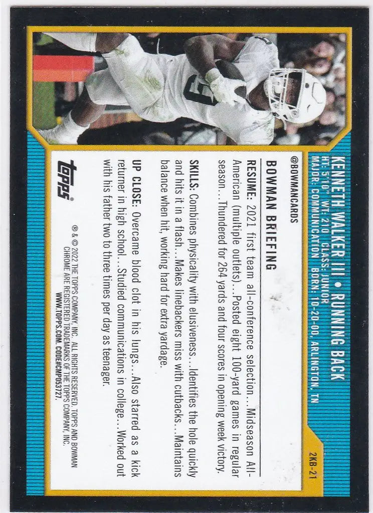 Football trading card of Kenneth Walker in white uniform, Bowman University retro insert