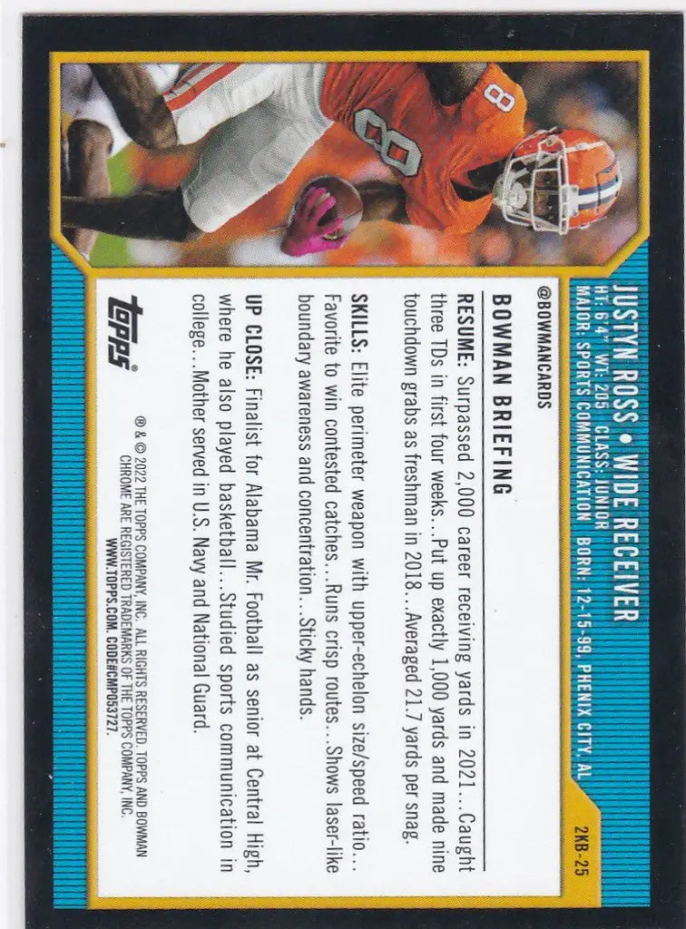 Football trading card of Justyn Ross in orange uniform from Bowman University series