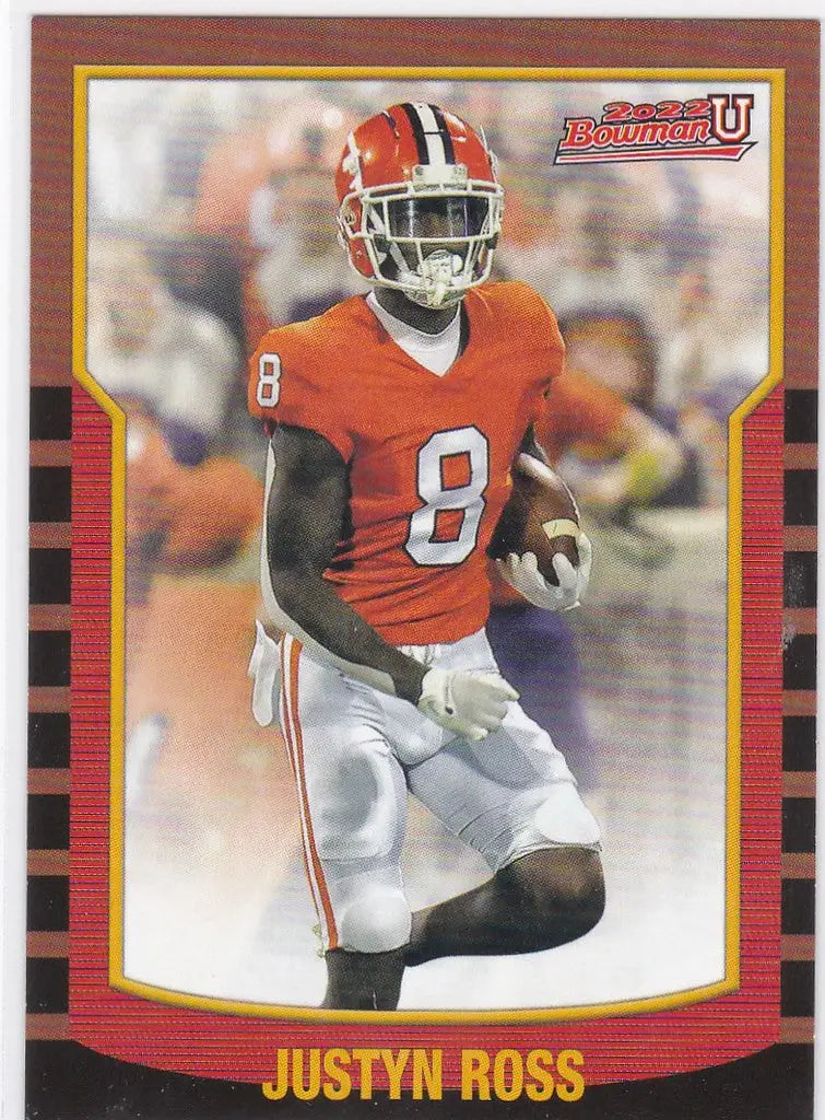 Football trading card of Justyn Ross in Clemson jersey number 8 from Bowman University