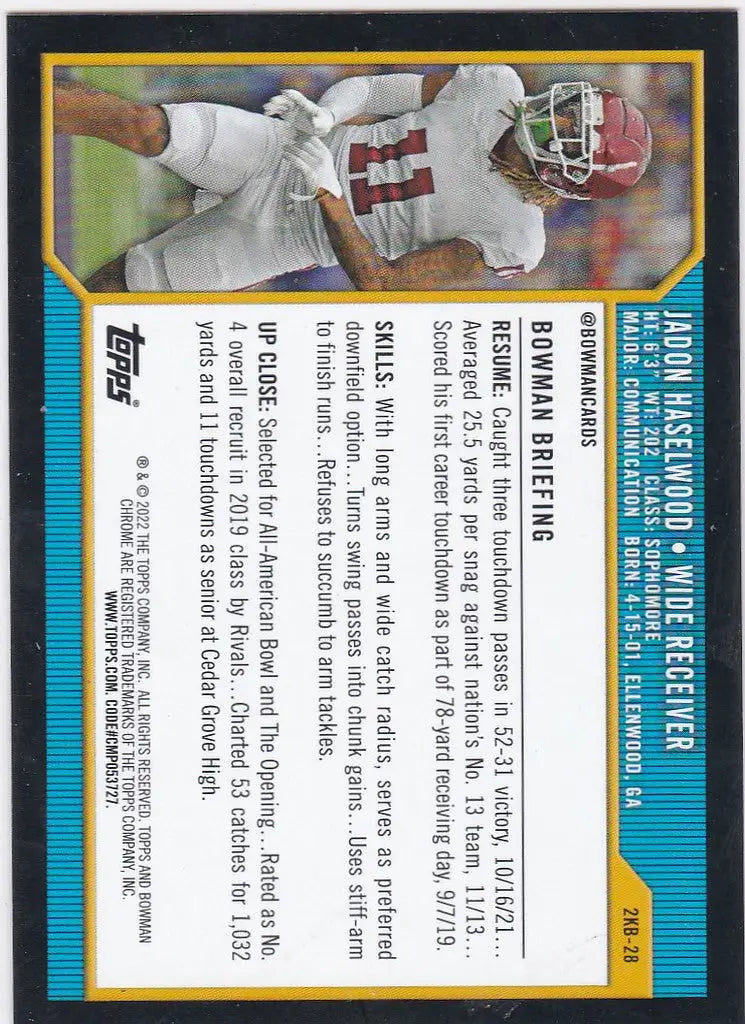 Football trading card of Jadon Haselwood in white uniform for Bowman University Retro Insert