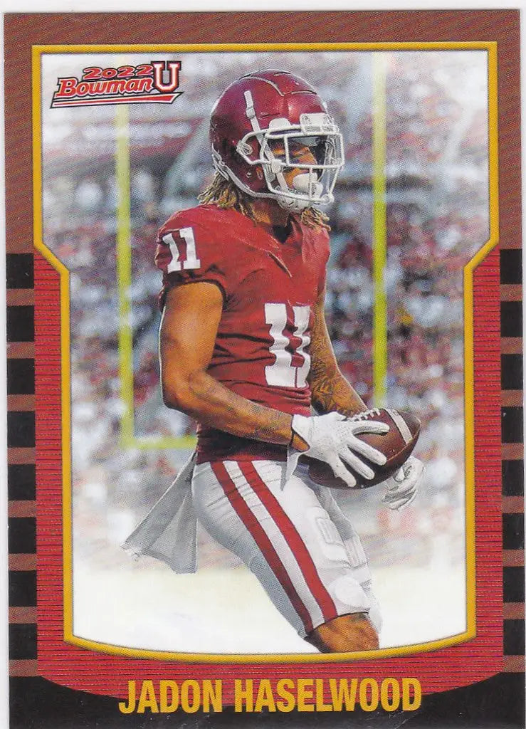 Football trading card of Jadon Haselwood in red and white uniform, Bowman University Retro Insert