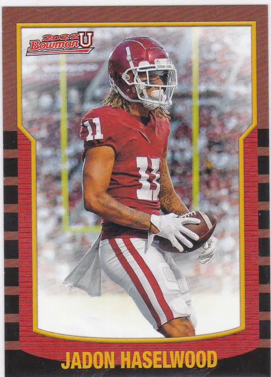 Football trading card of Jadon Haselwood in red and white uniform, Bowman University Retro Insert