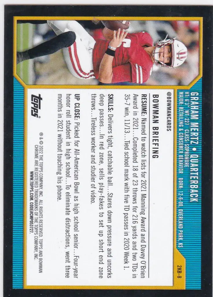 Football trading card of Graham Mertz in red uniform for Bowman University Retro Insert