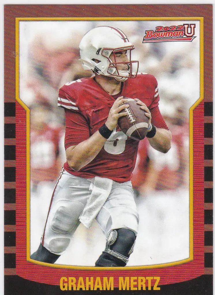 Football trading card of Graham Mertz in red jersey from Bowman University Retro Insert