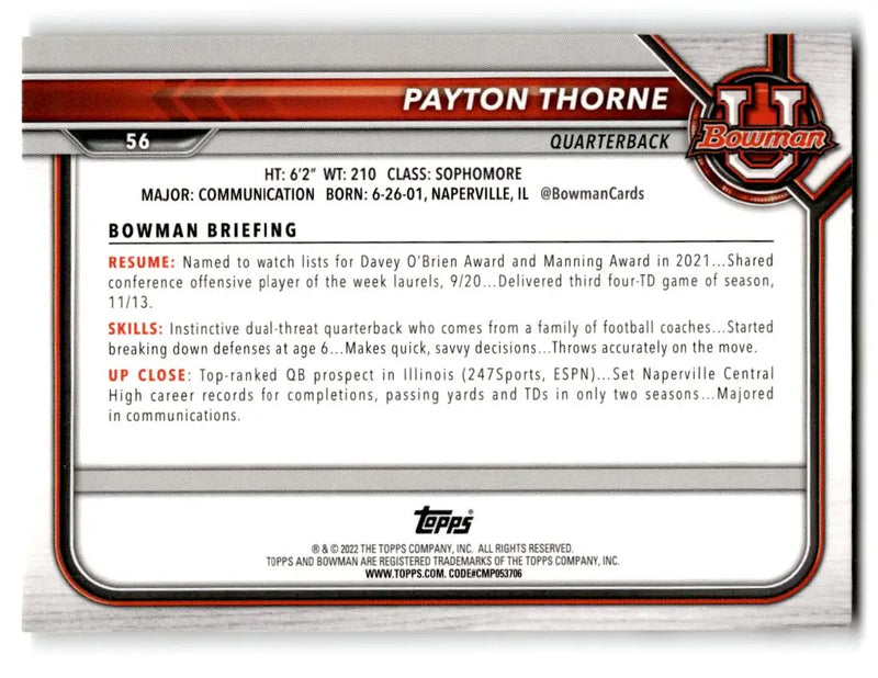 2021-22 Bowman University #56 Payton Thorne - Football Card Single