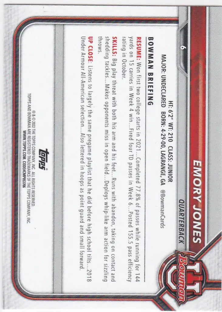 Baseball trading card featuring Bowman University Emory Jones Florida Gators stats space