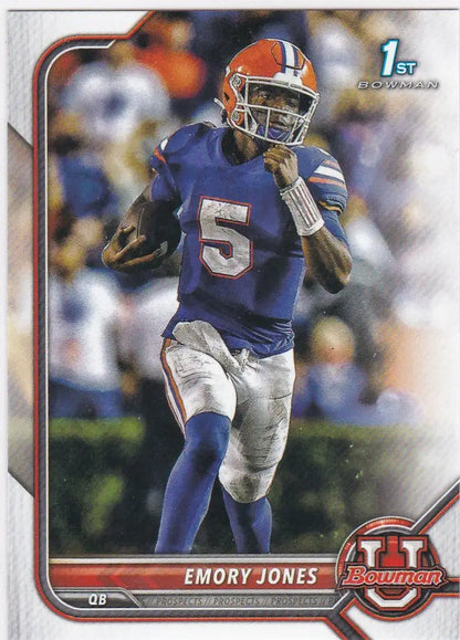 Football player in blue jersey number 5 running with ball, Emory Jones Florida Gators