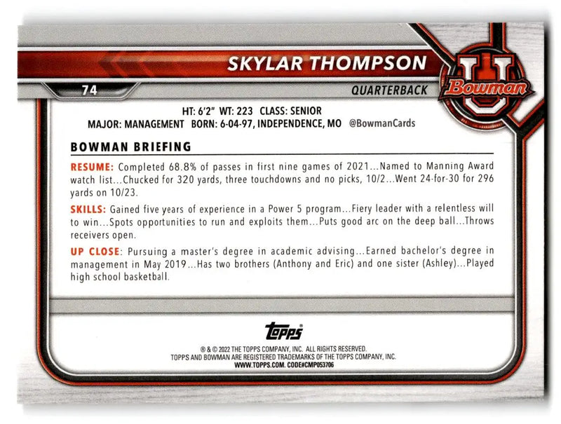 2021-22 Bowman University #74 Skylar Thompson - Football Card Single
