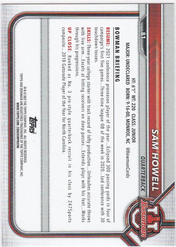 Baseball trading card of Sam Howell North Carolina from 2021-22 Bowman University