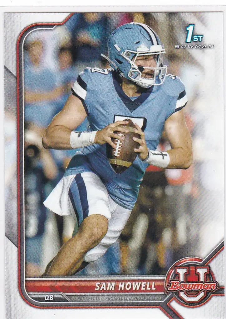 Sam Howell North Carolina football player in blue jersey ready to throw football