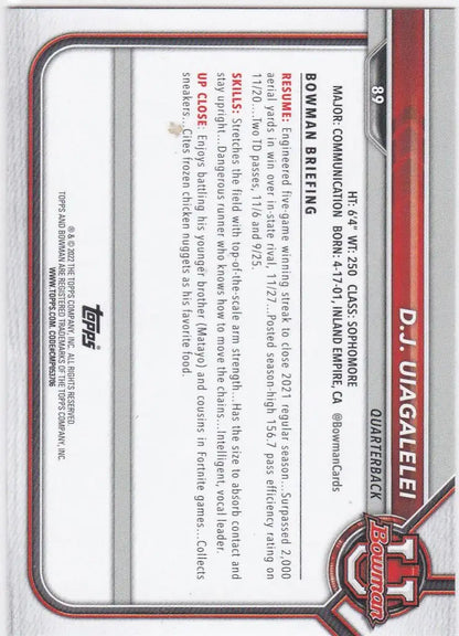 Baseball trading card featuring D.J. Uiagalelei Clemson from Bowman University collection