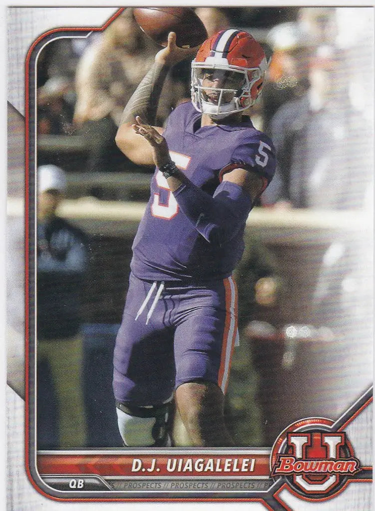 Football player in purple jersey number 5 throwing pass in Bowman University trading card
