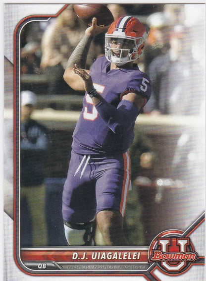 Football player in purple jersey number 5 throwing pass in Bowman University trading card