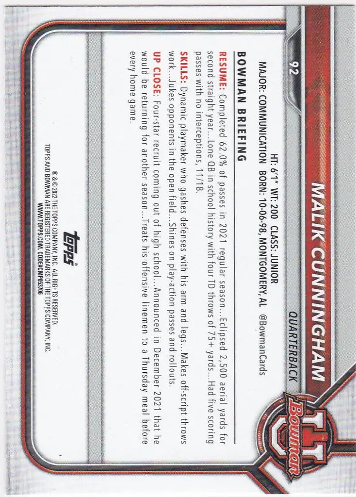 Baseball card of Malik Cunningham from Bowman University with red and white border design