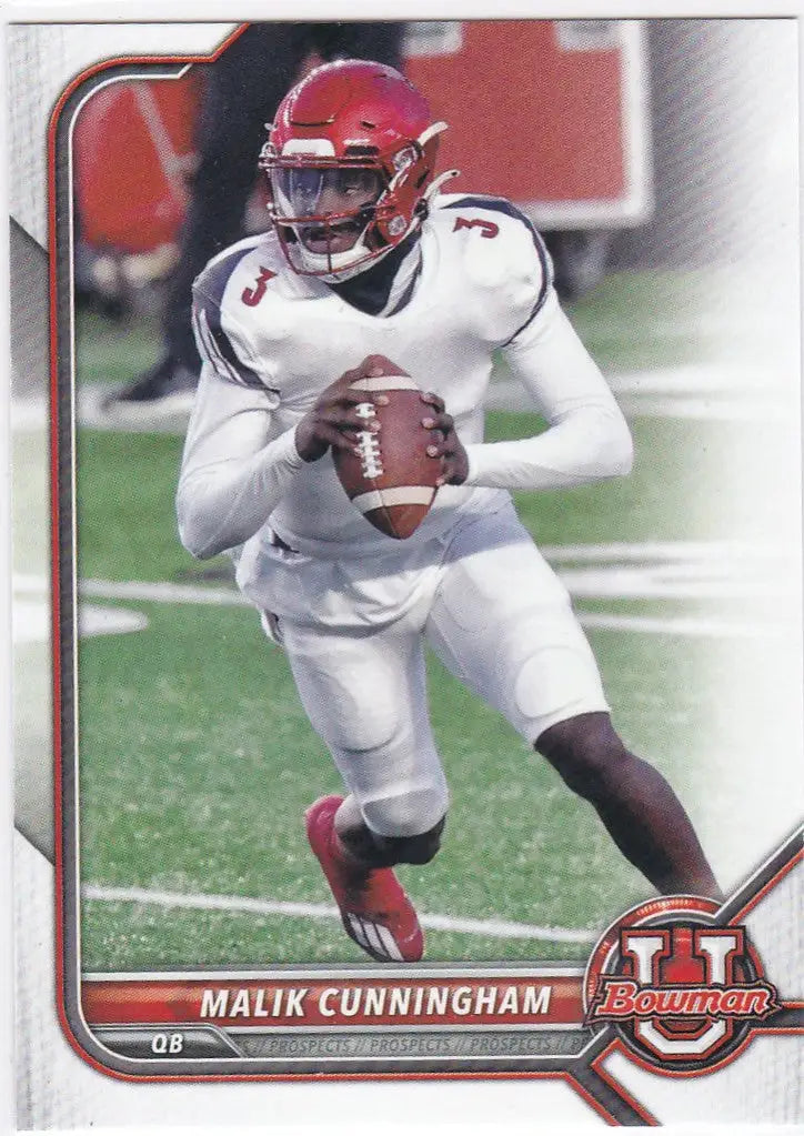 Football player in white uniform with red helmet holding a football, Malik Cunningham trading card