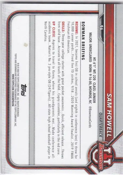 Baseball trading card of Sam Howell North Carolina with red accents on white background