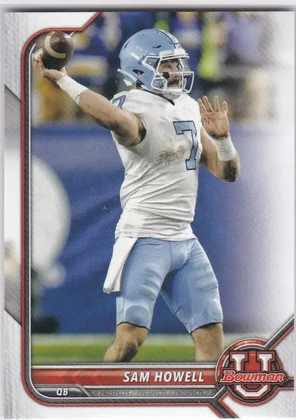 Football player in light blue throwing a pass, Sam Howell North Carolina in Bowman University