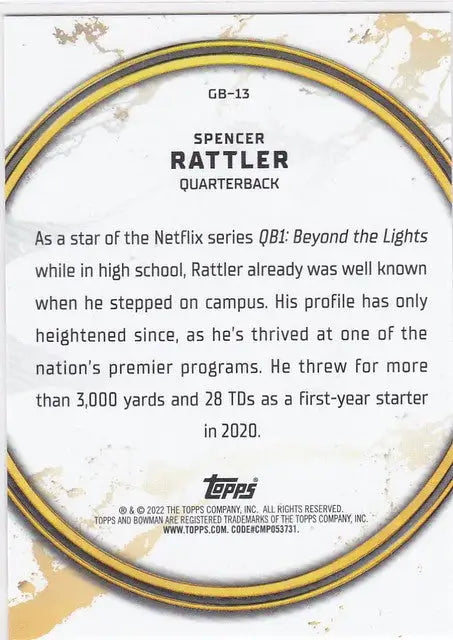Trading card of Spencer Rattler Golden Boy South Carolina from 2021-22 Bowman University