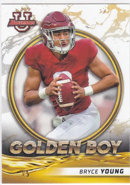 Football player in red jersey holding football from Bryce Young Golden Boy Alabama card